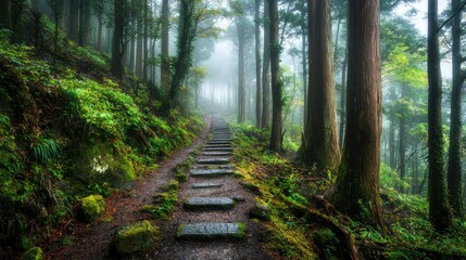 Mystical Foggy Forest Pathway in Aokigahara