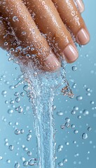 Fototapeta premium Hand squeezing water droplets, clear liquid on blue background, freshness and hydration concept.
