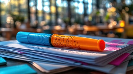 Obraz premium Close-up of a highlighter on papers in a workspace setting.