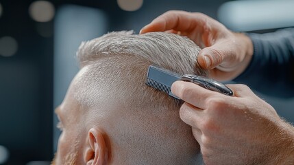 A close-up of a man getting a stylish haircut at a modern barbershop with focus on hair clippers and precision.