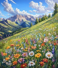 A vibrant meadow bursting with colorful wildflowers in front of a majestic mountain range, showcasing a breathtaking summer landscape.