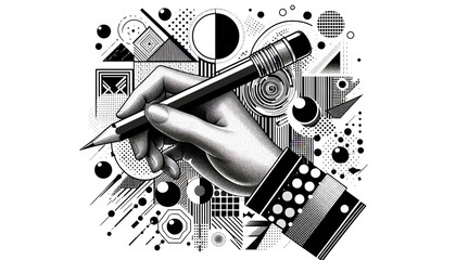 Artistic Hand Holding Pencil with Geometric Shapes in Black and White Design