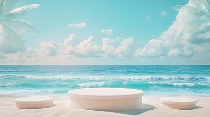 Summer podium display with beach background, 3d sea platform, ocean sky pedestal banner, sand stand for holiday vacation stage, island travel promotion, sunlit water-themed presentation