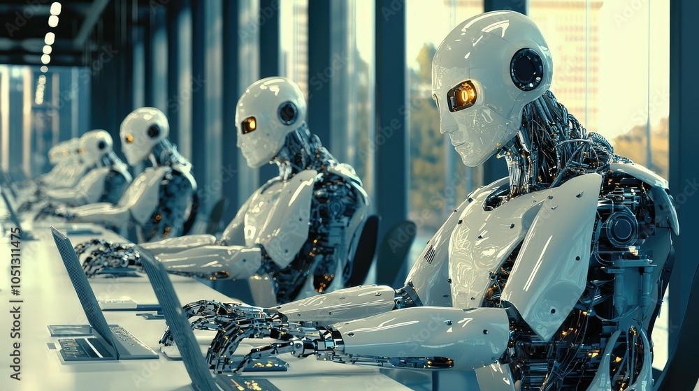Poster engineers working with advanced robotics in a lab