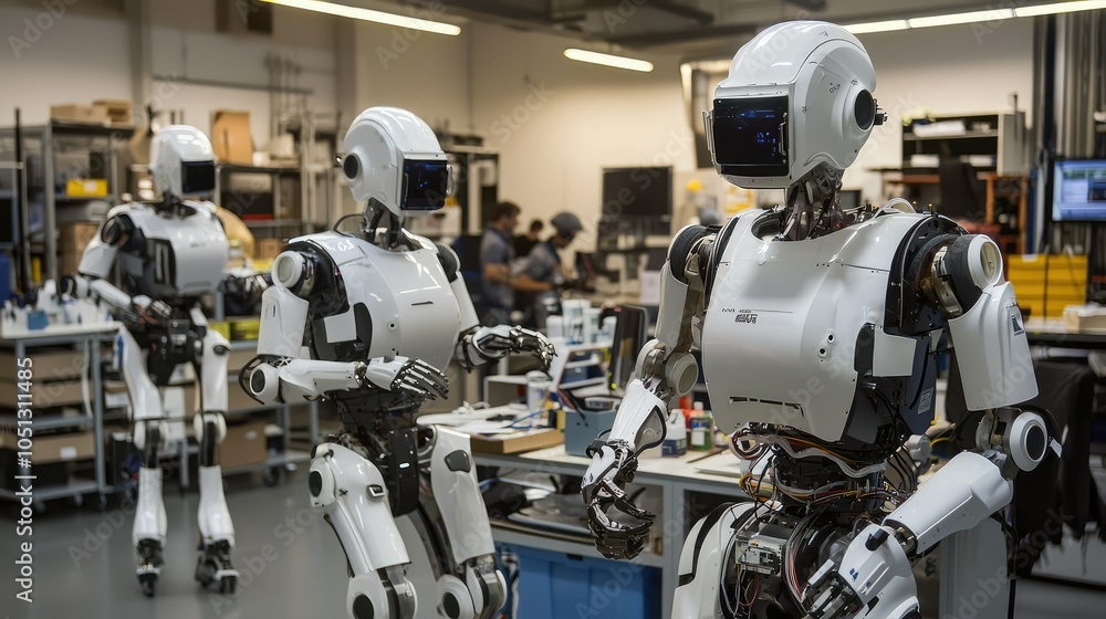 Poster engineers collaborating in high-tech robotics lab