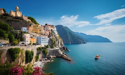 travel amalfi coast italy illustration landscape sea, vacation mediterranean, italian view travel amalfi coast italy Generative Ai
