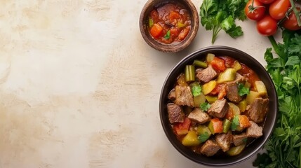 A bowl of beef stew with vegetables and a side of salsa.