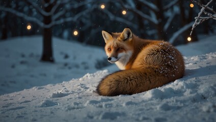 fox in snow , A red fox rests in the snow, with trees and small lights in the background.