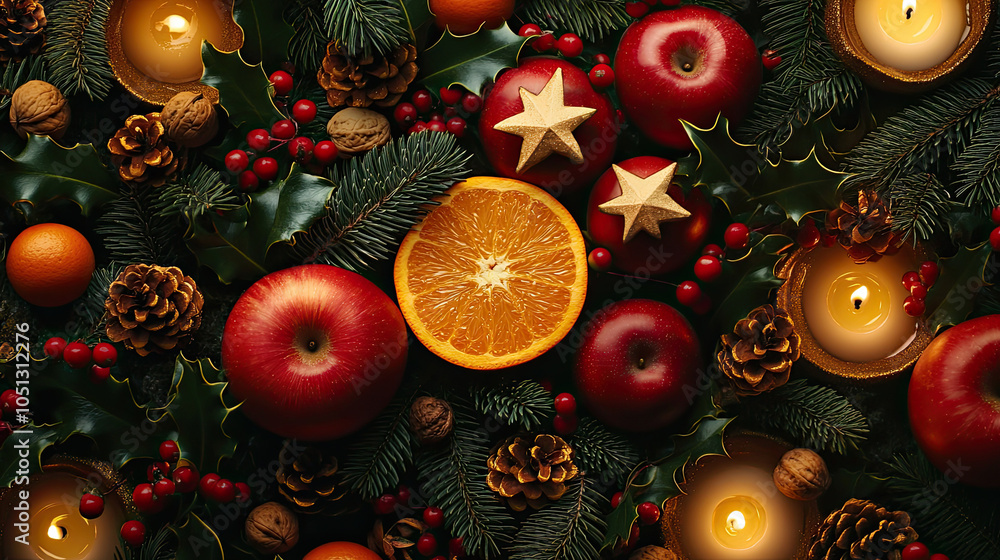 Sticker pinecones, apples, and oranges on the table