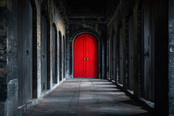 Fototapeta premium An inviting bright red door stands at the end of a dimly lit corridor with stone walls. Symbolizing opportunity, the path to success, and the courage to choose a different way.