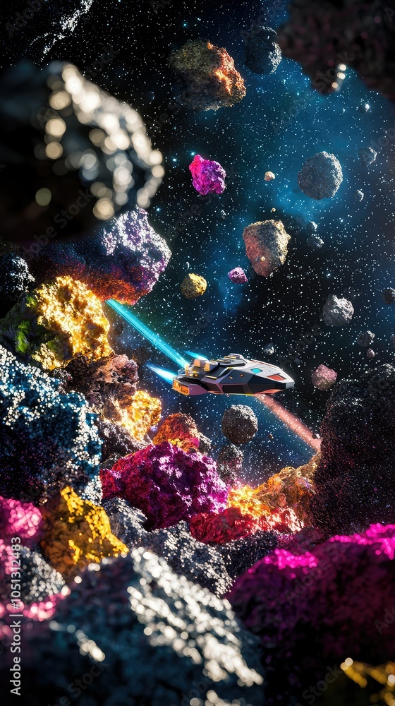 Poster futuristic spacecraft navigating colorful asteroid field