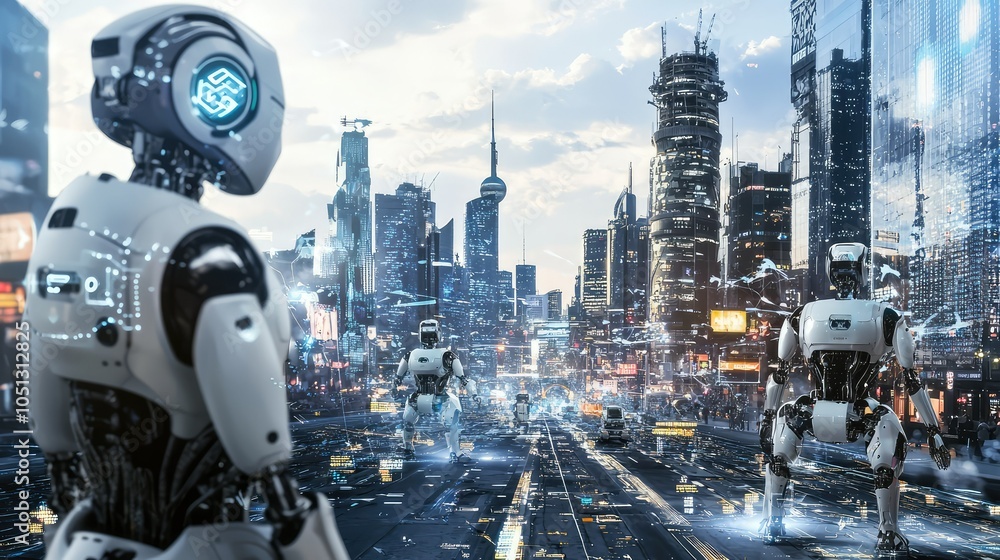 Poster futuristic cityscape with autonomous robots in action