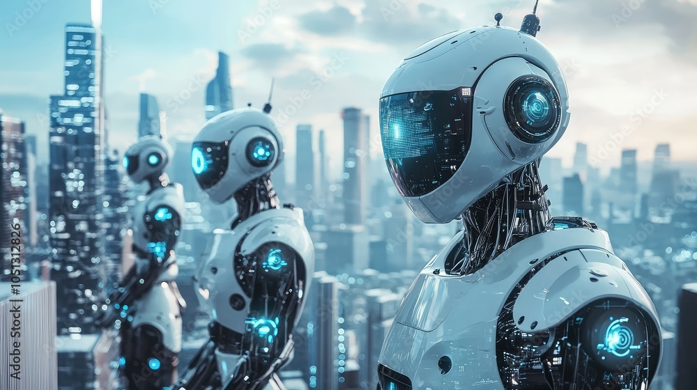 Poster futuristic cityscape with autonomous robots in action