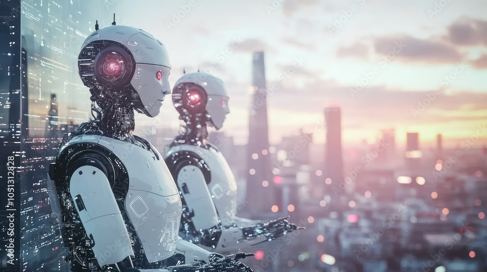 Poster futuristic cityscape with autonomous robots in action