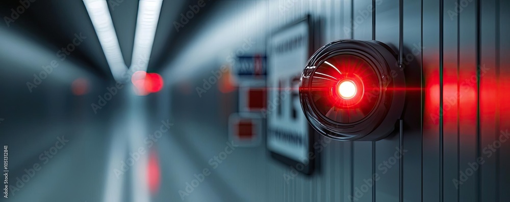 Poster close-up of a futuristic camera with red light in a high-tech corridor.