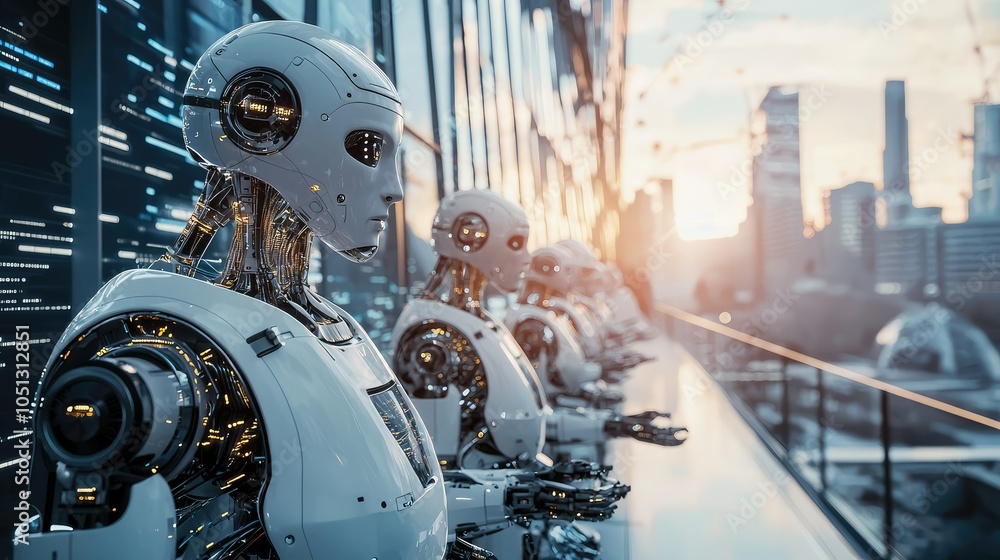 Poster Futuristic Cityscape with Autonomous Robots in Action
