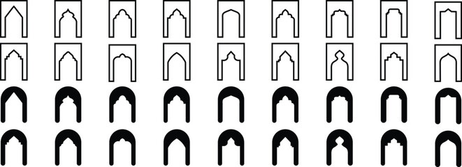Islamic vector shape of a window or door arch. Mosque gate and Arab frame set. Ramadan Kareem silhouette icon. Collection of Islamic door window patterns in oriental style. Vector illustration.