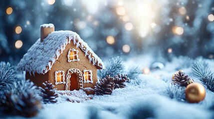 Christmas gingerbread house with christmas tree and gift boxs fantasy fairy tale world background
