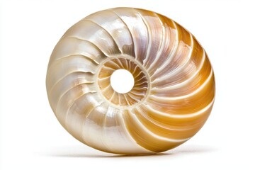 Elegant seashell with spiral patterns and smooth texture, captured on a white background for a minimalistic, natural look