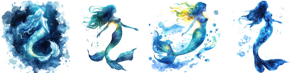 Mesmerizing of fantastical mermaid like creatures swimming in a vibrant fluid underwater realm with splashes of watercolor inspired blues greens and golds © R Studio