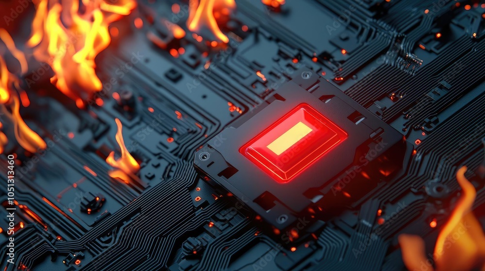 Poster glowing microchip on circuit board with fiery flames around it, high-tech close-up