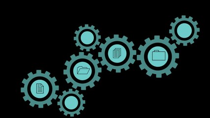 An animated row of spinning gears with symbols of the financial sector and blockchain technology on a black background. Cg