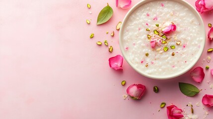 A bowl of creamy rice pudding topped with rose petals and pistachios on a pink background.