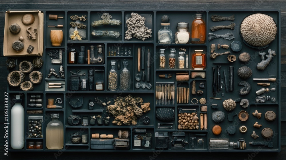 Poster a curated collection of various objects arranged in a grid in a black wooden drawer.