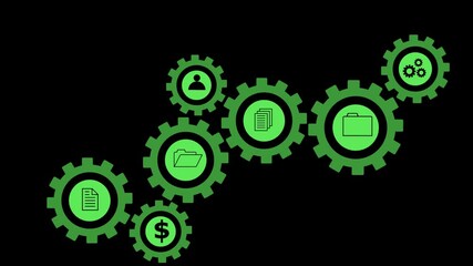 An animated row of spinning gears with symbols of the financial sector and blockchain technology on a black background. Cg