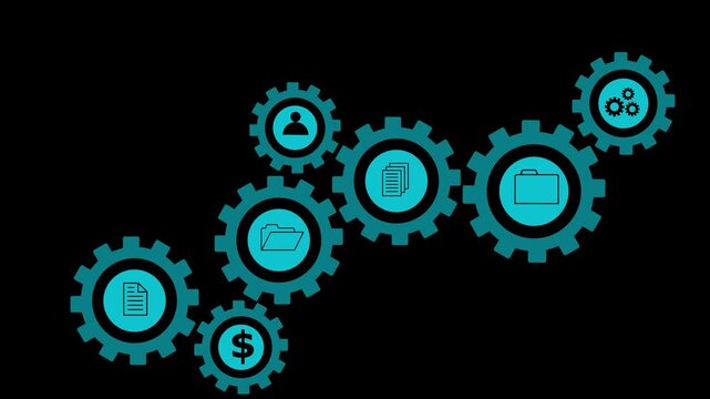 An animated row of spinning gears with symbols of the financial sector and blockchain technology on a black background. Cg