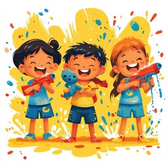 Vector image of kids having fun with water guns and Holi colors