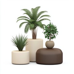 Obraz premium Living room with indoor plants, modern art on wall, cozy corner, 3D illustration