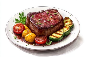 Grilled Steak with Zucchini and Tomatoes on White Plate