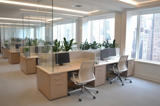 Bright modern office featuring open workstations, glass dividers, and vibrant potted plants for a refreshing workspace.