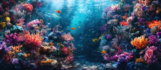 Vibrant coral reef with colorful fish swimming through a sunlit opening.