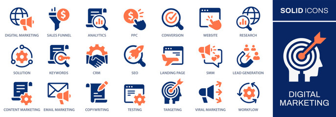 Digital marketing icons, such as analytics, keywords, landing page, website and more. Vector illustration. Easily changes to any color.