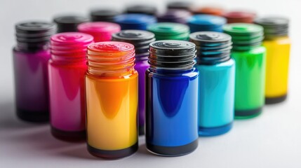 A group of colorful bottles of paint arranged in a row.
