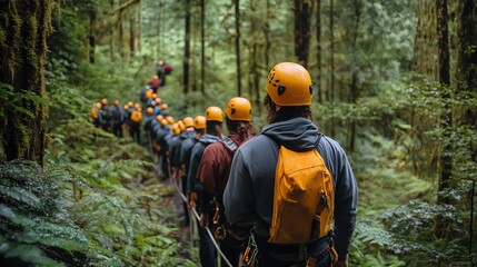 Naklejka premium Adventurous hiking expedition through lush forest trails with group