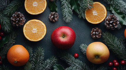 Pinecones, apples, and oranges on the table