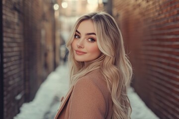 Obraz premium Amidst a picturesque alley lined with brick, a young woman pauses to admire her surroundings, her long hair cascading softly as the sunlight captures her beauty on a chilly winter day