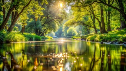 Fototapeta premium In the calming setting of Bobrowa Rzeka, soft bokeh highlights create a serene atmosphere, beautifully illustrating the tranquility and allure of untouched nature.
