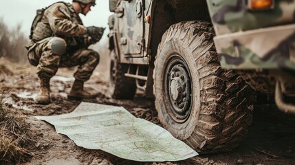 Military Personnel Inspecting Map at Field Location