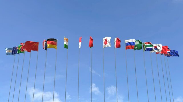 G20 country flags waving in the sky, Flag of Group of 20 looping video