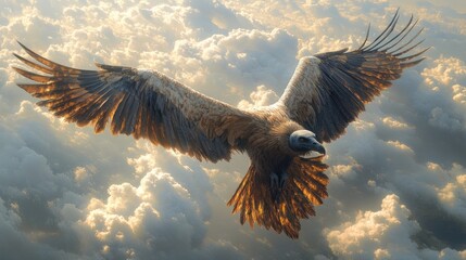 Obraz premium A majestic vulture soars through a dramatic sky filled with fluffy clouds.