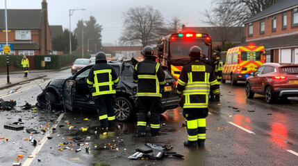 serious car crash at roundabout involving two vehicles, with emergency responders on scene. damaged cars and debris create chaotic atmosphere, highlighting urgency of situation