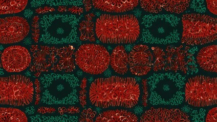 knitted fabric background , A repeating pattern of red and green shapes on a dark background. Circles and squares.