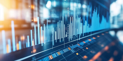 High-tech visualization of digital financial data and charts in blue tones, symbolizing analytics, stock market insights, and financial technology.