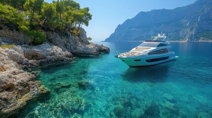 White Yacht Moored in Crystal Clear Turquoise Water Surrounded by Rocky Coastline and Lush Greenery