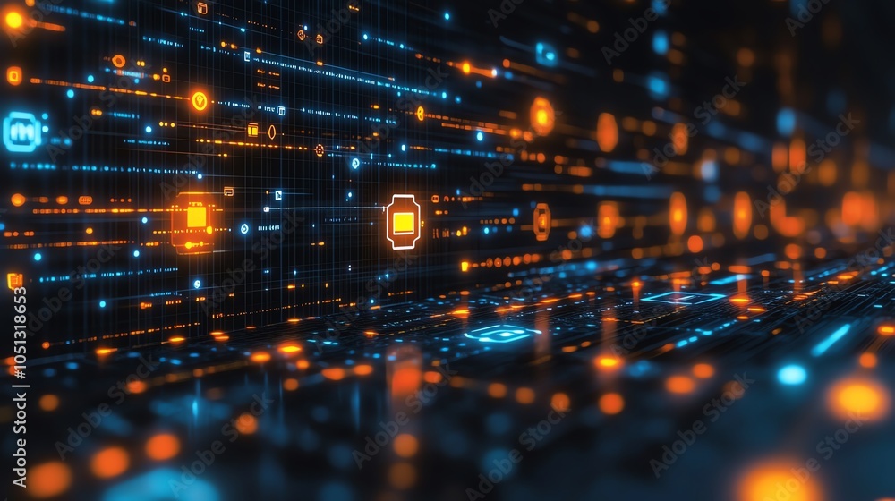 Poster abstract digital background with glowing lines and shapes in blue and orange.