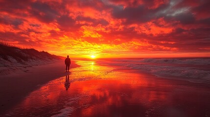 Lone Figure Standing on Beach at Sunrise